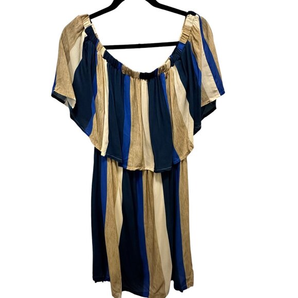 👗 2/$30 👗 Blue & Tan Striped Italian Off Shoulder Above Knee Length Dress sz M - Picture 4 of 9